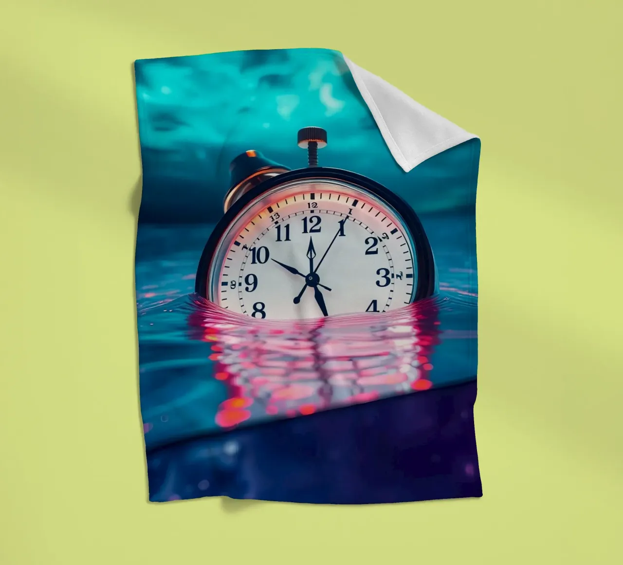 Clock submerged in water with dramatic lighting and swirling fleece blanket by DesignDoodle