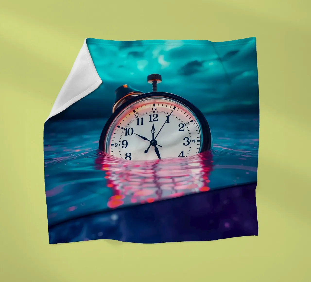 Clock submerged in water with dramatic lighting and swirling fleece blanket by DesignDoodle