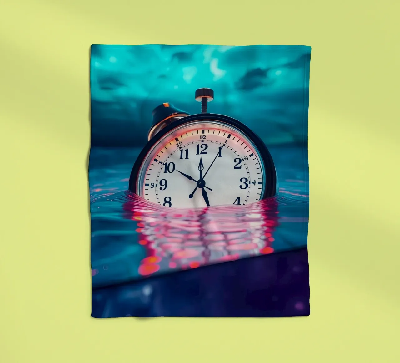 Clock submerged in water with dramatic lighting and swirling fleece blanket by DesignDoodle