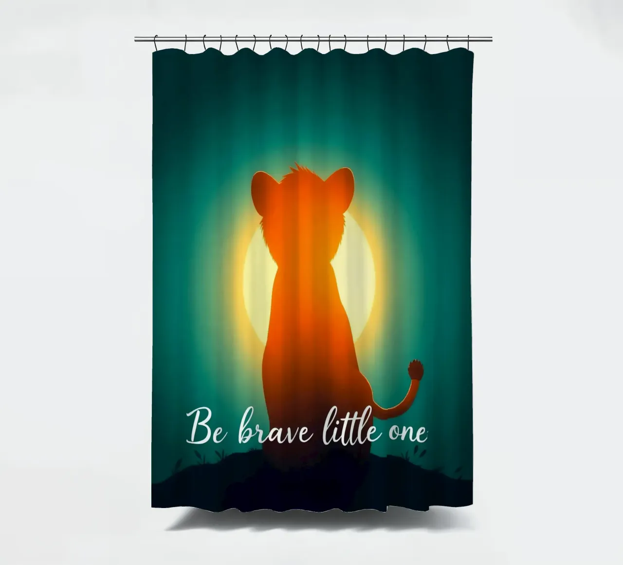 Un piccolo cucciolo coraggioso guarda il sole in un paesaggio tranquillo tenda da doccia da DesignDoodle