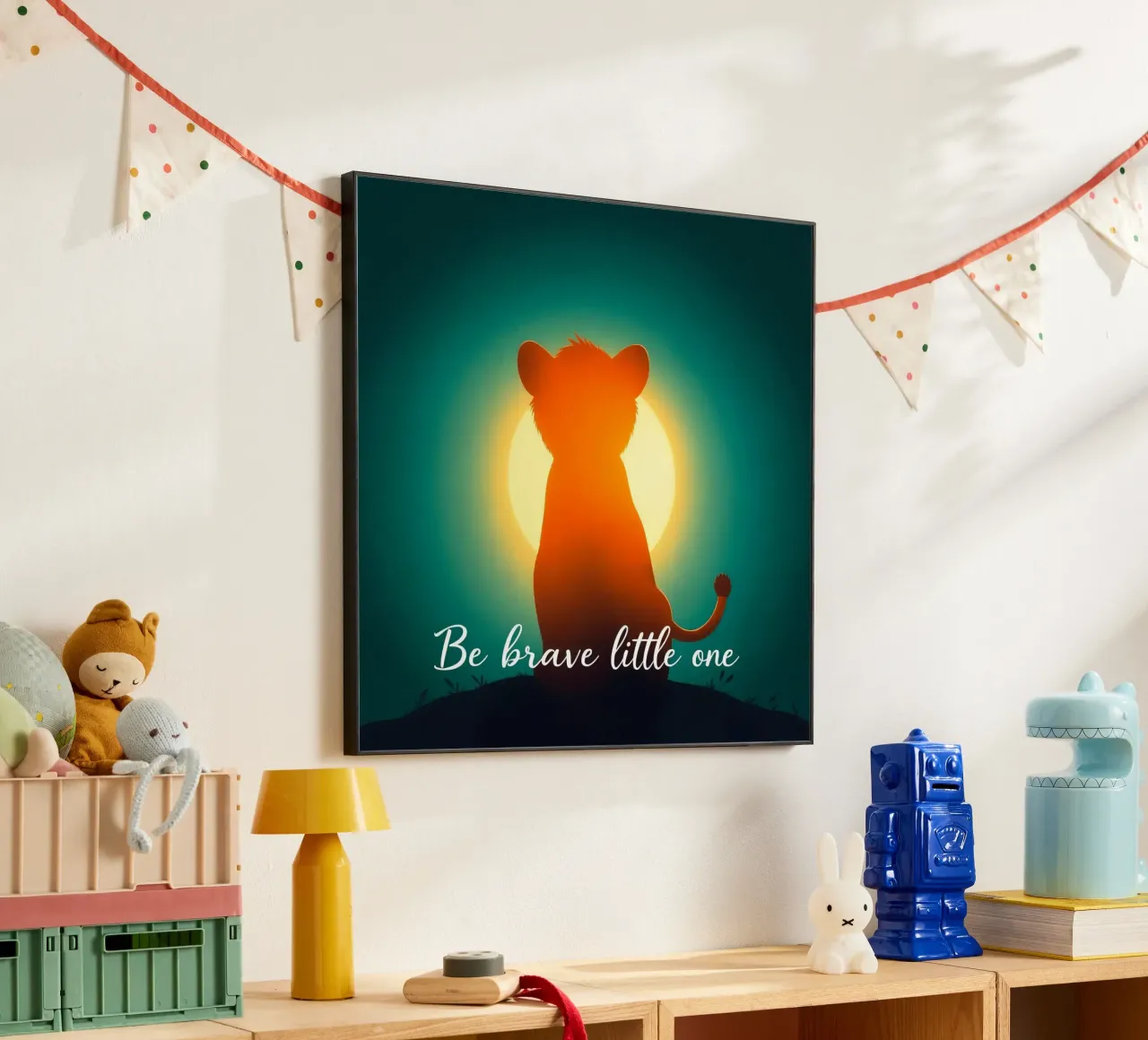 Un piccolo cucciolo coraggioso guarda il sole in un paesaggio tranquillo pannello forex da DesignDoodle