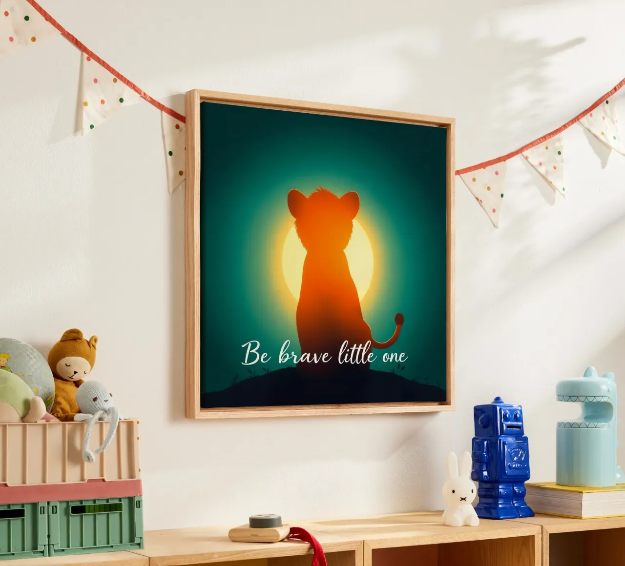 Un piccolo cucciolo coraggioso guarda il sole in un paesaggio tranquillo tela con Cornice a cassetta da DesignDoodle