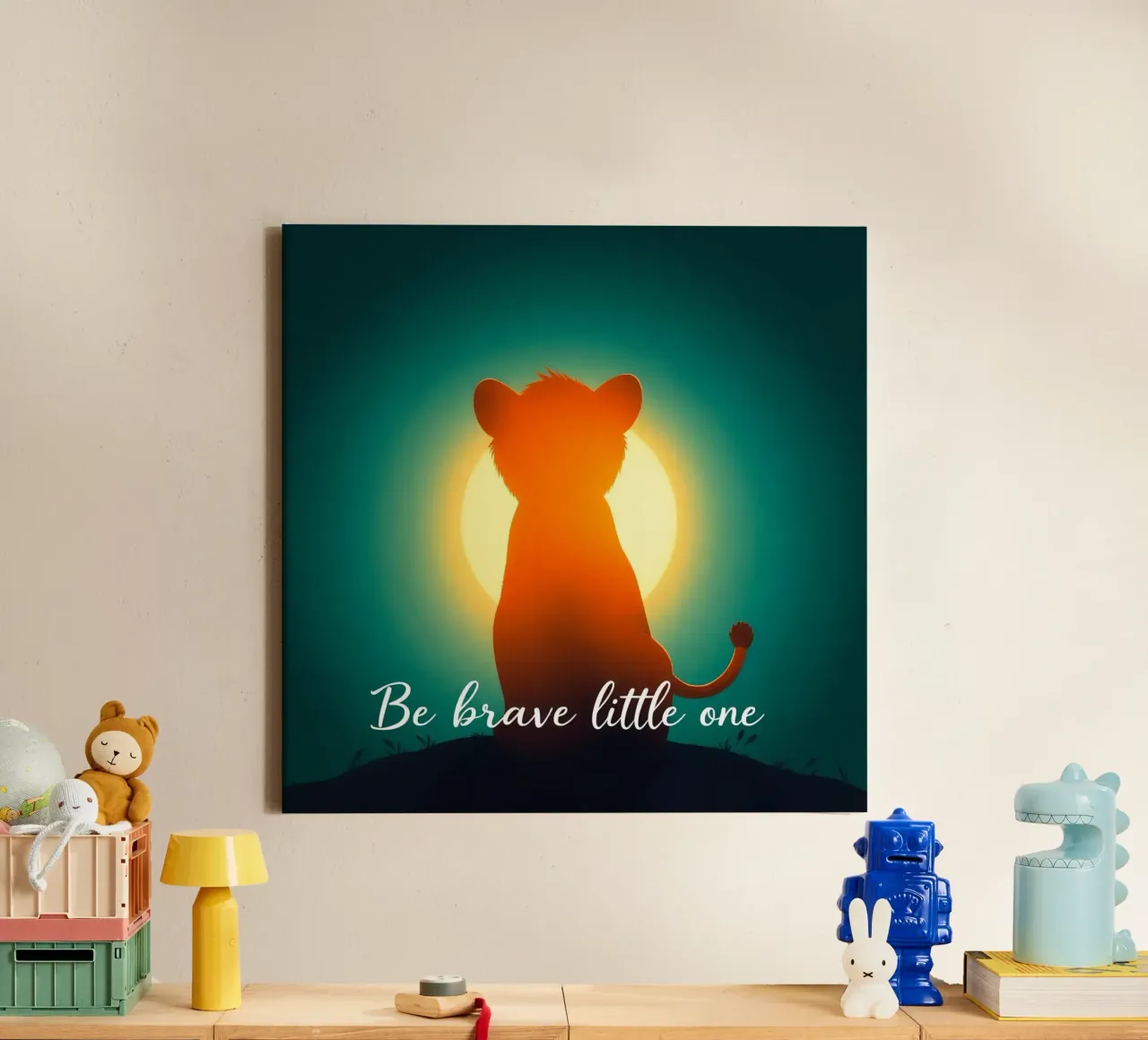 Un piccolo cucciolo coraggioso guarda il sole in un paesaggio tranquillo tela con Cornice a cassetta da DesignDoodle