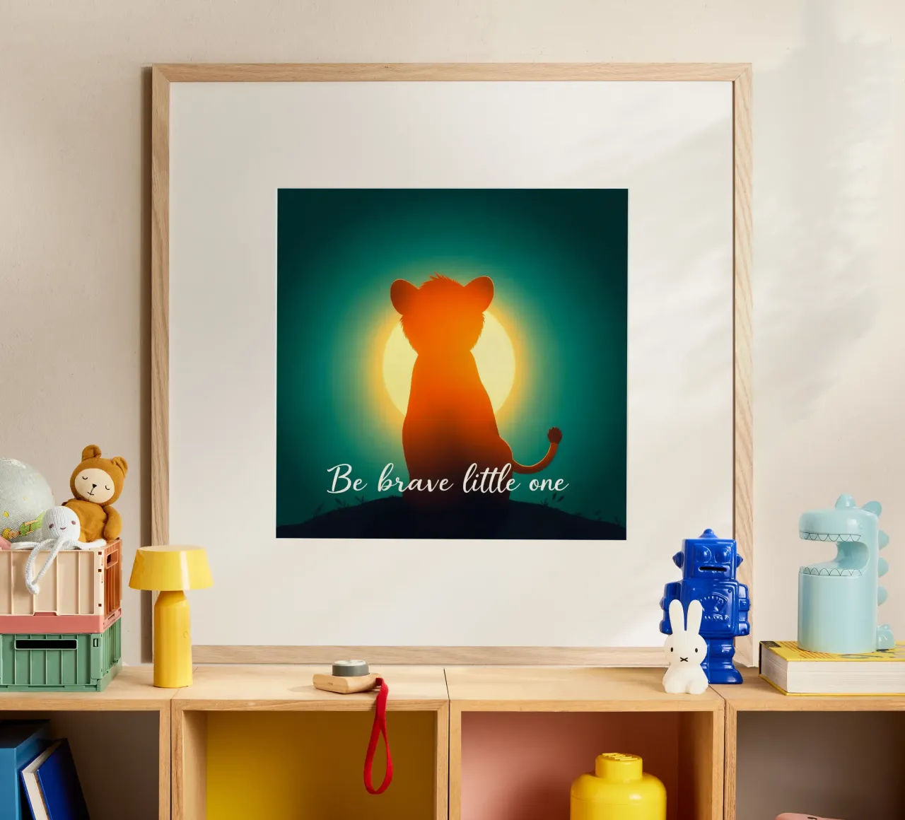 Un piccolo cucciolo coraggioso guarda il sole in un paesaggio tranquillo poster da DesignDoodle