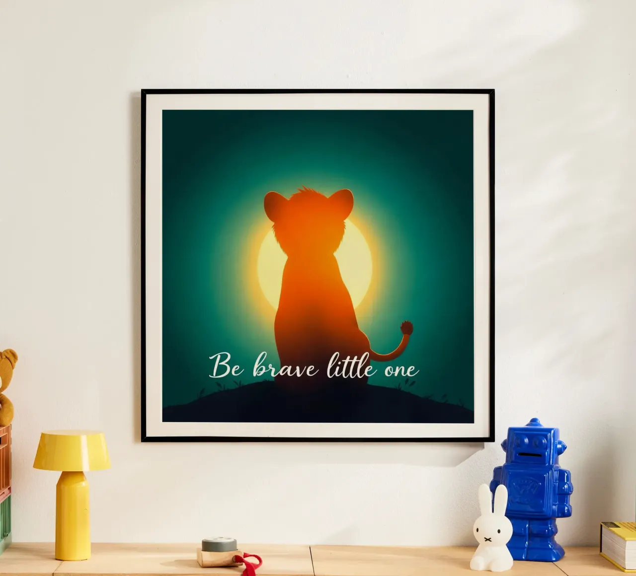 Un piccolo cucciolo coraggioso guarda il sole in un paesaggio tranquillo poster da DesignDoodle