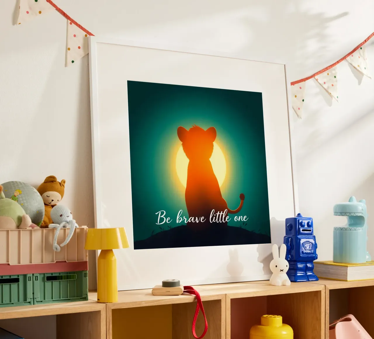 Un piccolo cucciolo coraggioso guarda il sole in un paesaggio tranquillo poster da DesignDoodle