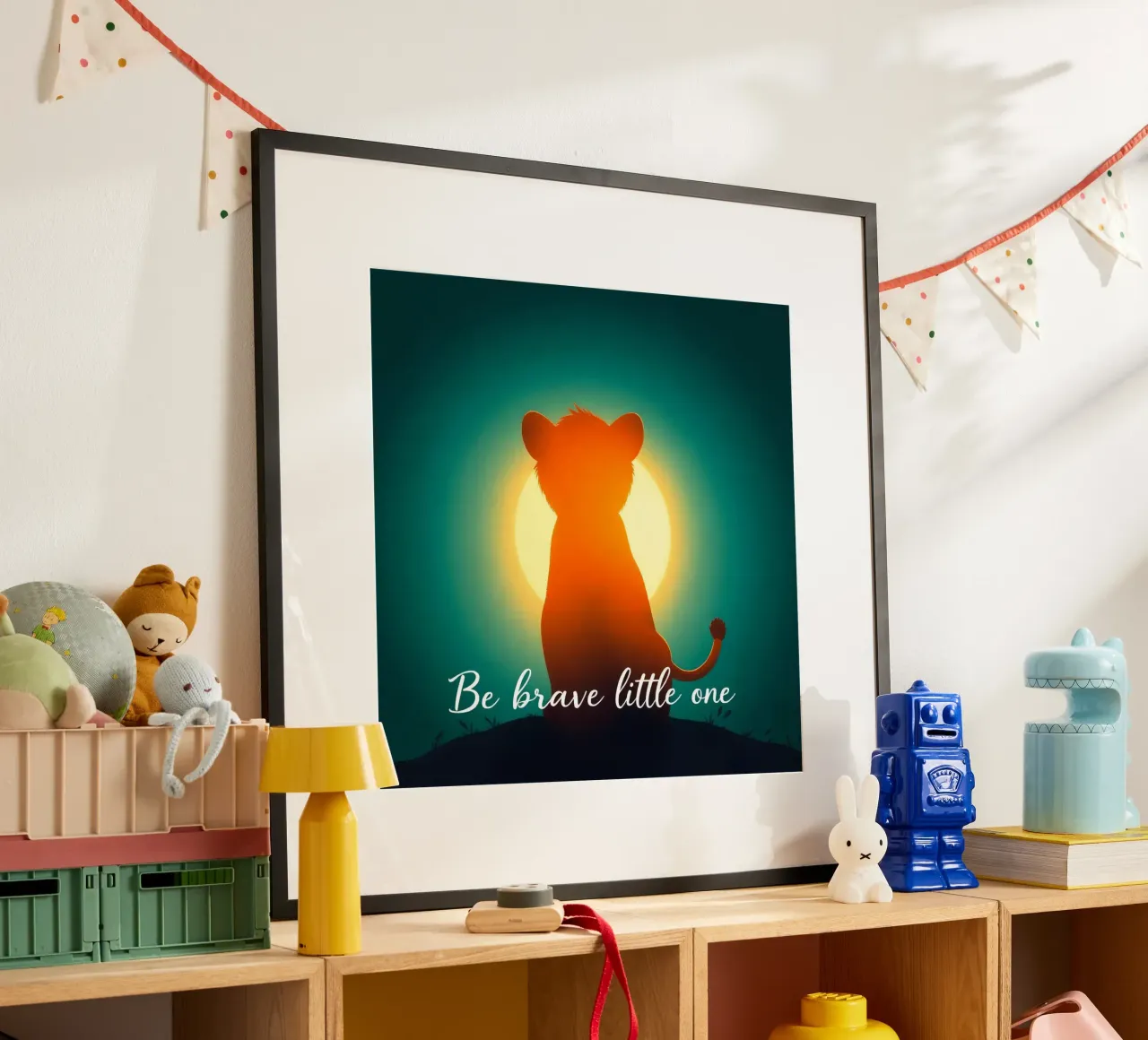Un piccolo cucciolo coraggioso guarda il sole in un paesaggio tranquillo poster da DesignDoodle