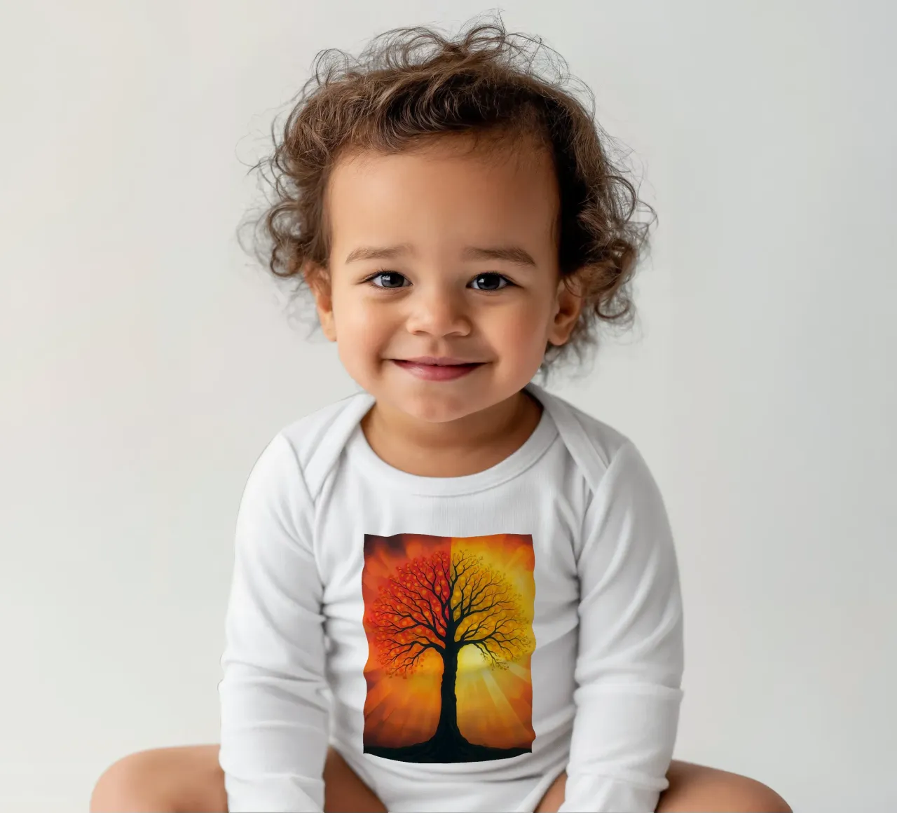 Exquisite Baumsilhouette vor einem glühenden Hintergrund aus warmen Langarm Babybody von DesignDoodle