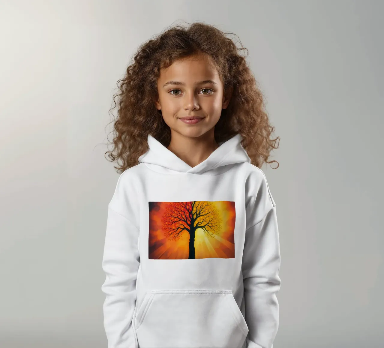 Exquisite tree silhouette against a glowing backdrop of warm kids hoodie by DesignDoodle