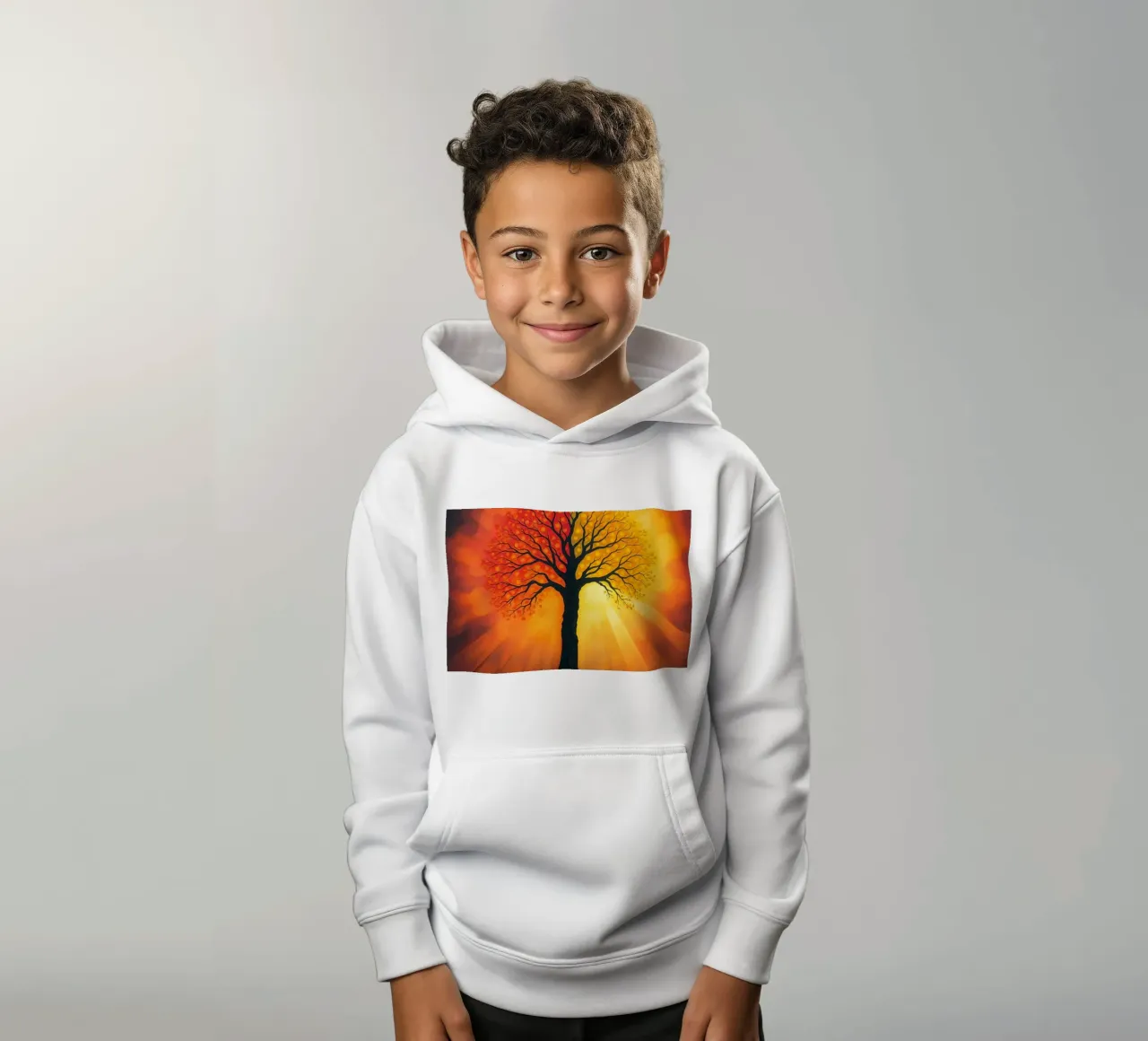 Exquisite tree silhouette against a glowing backdrop of warm kids hoodie by DesignDoodle