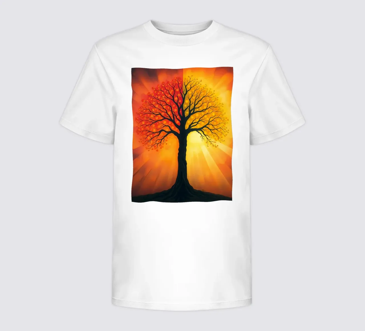 Exquisite tree silhouette against a glowing backdrop of warm kids t-shirt by DesignDoodle