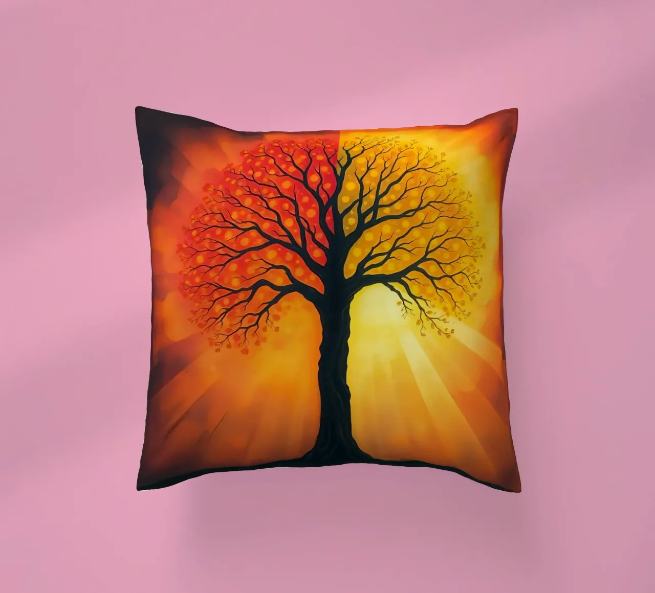 Una splendida silhouette di un albero su uno sfondo luminoso e caldo. cuscino da DesignDoodle