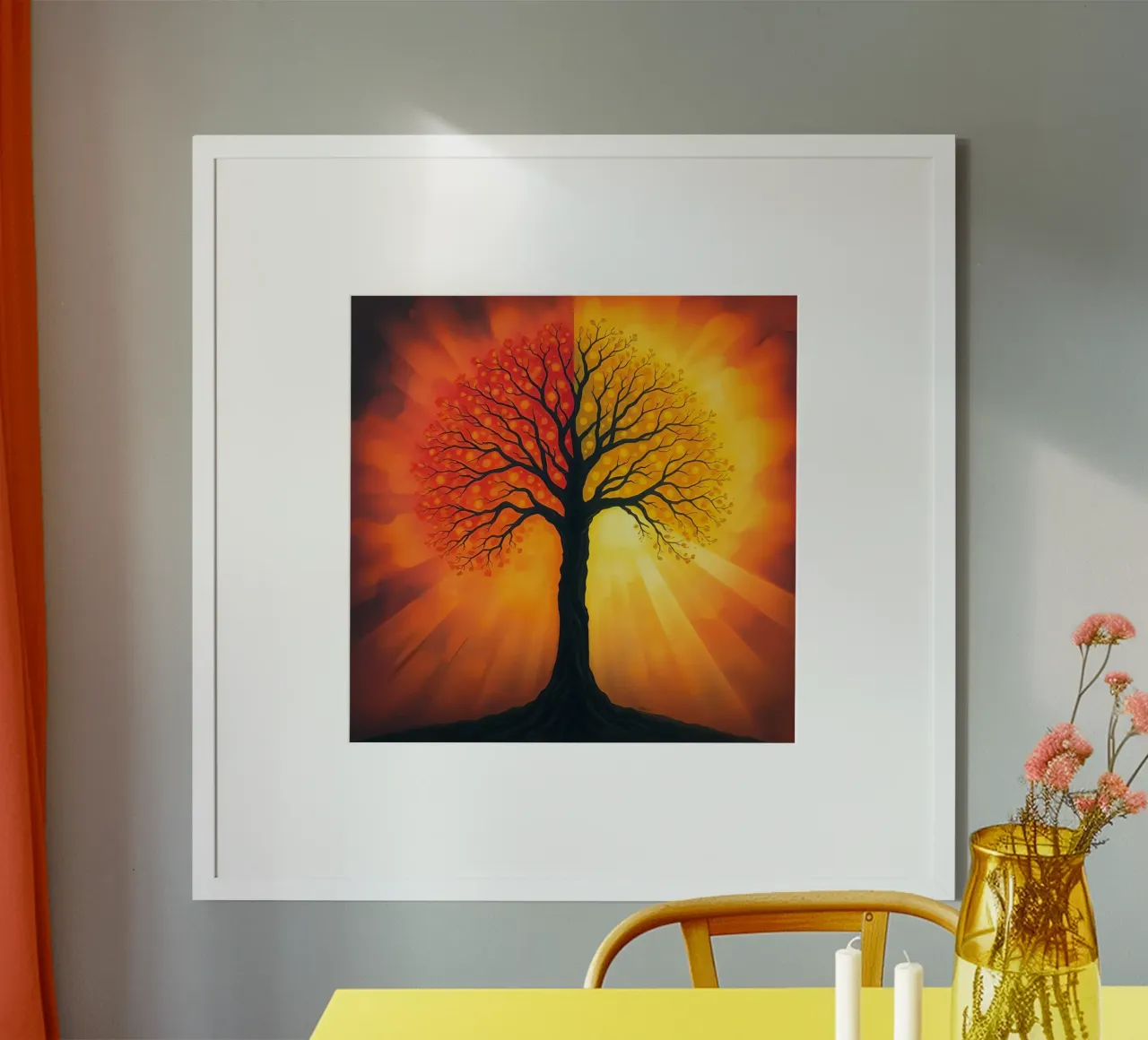 Exquisite Baumsilhouette vor einem glühenden Hintergrund aus warmen Poster von DesignDoodle