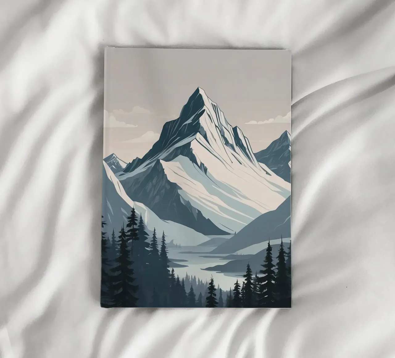 Snow-capped mountain ranges tower over a tranquil lake notebook by DesignDoodle