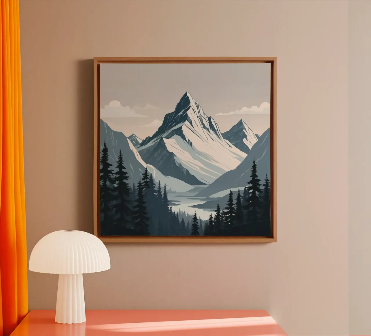 Snow-capped mountain ranges tower over a tranquil lake canvas by DesignDoodle