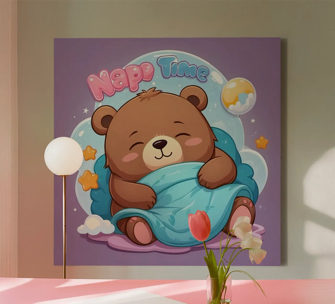 Simpatico orso che si accoccola in un'accogliente coperta con la scritta ora del pisolino tela da DesignDoodle