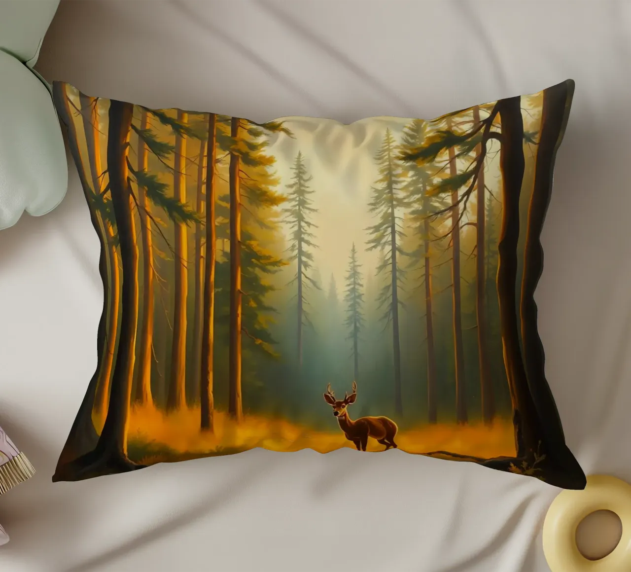 Cervo in piedi in una radura dorata del bosco al tramonto circondato cuscino da DesignDoodle