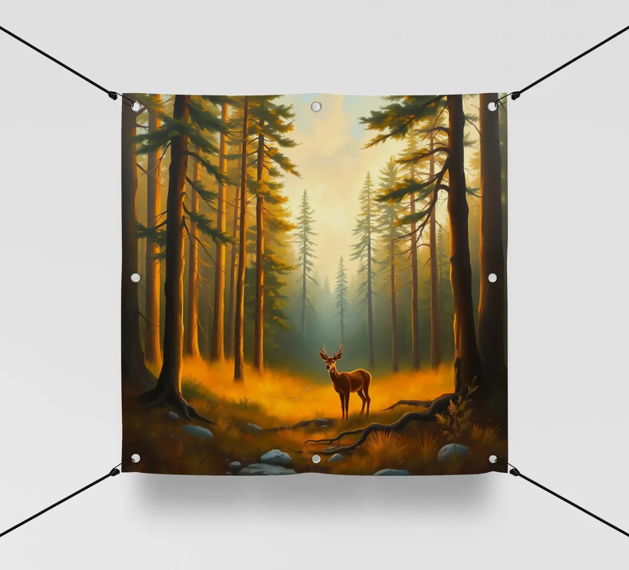 Cervo in piedi in una radura dorata del bosco al tramonto circondato telo in pvc da DesignDoodle