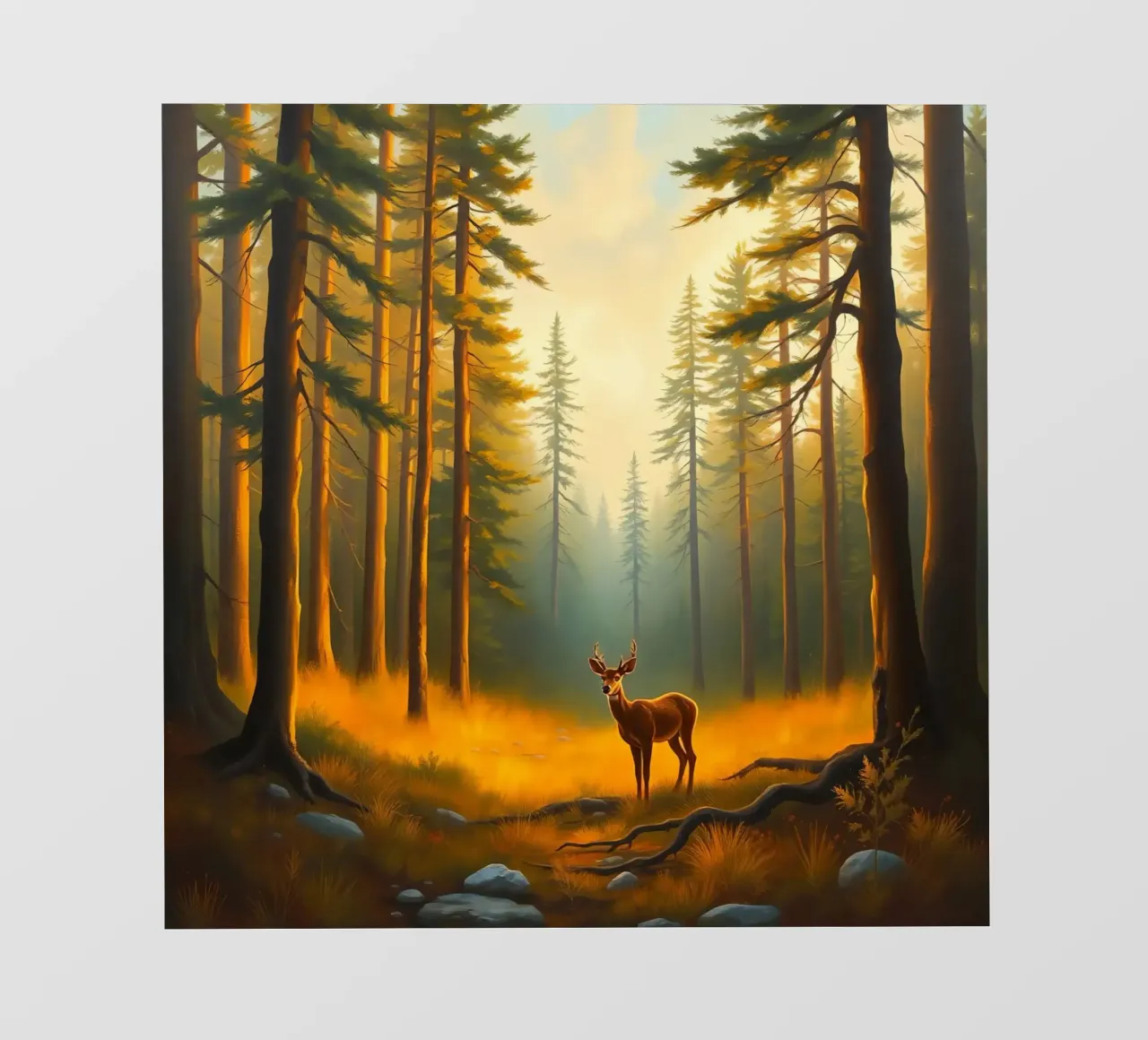 Cervo in piedi in una radura dorata del bosco al tramonto circondato telo in pvc da DesignDoodle