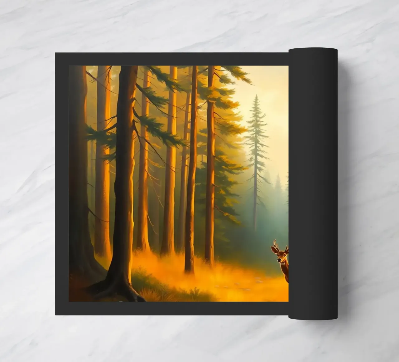 Cervo in piedi in una radura dorata del bosco al tramonto circondato zerbino da DesignDoodle