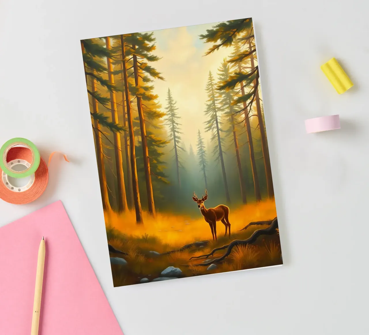 Deer stands in a golden forest clearing at sunset surrounded notebook by DesignDoodle