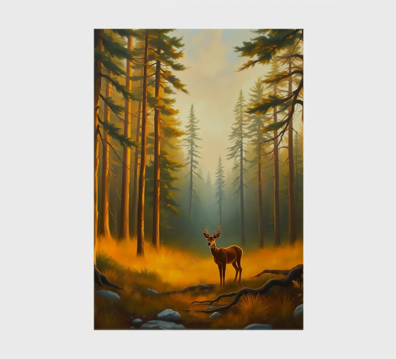 Deer stands in a golden forest clearing at sunset surrounded notebook by DesignDoodle