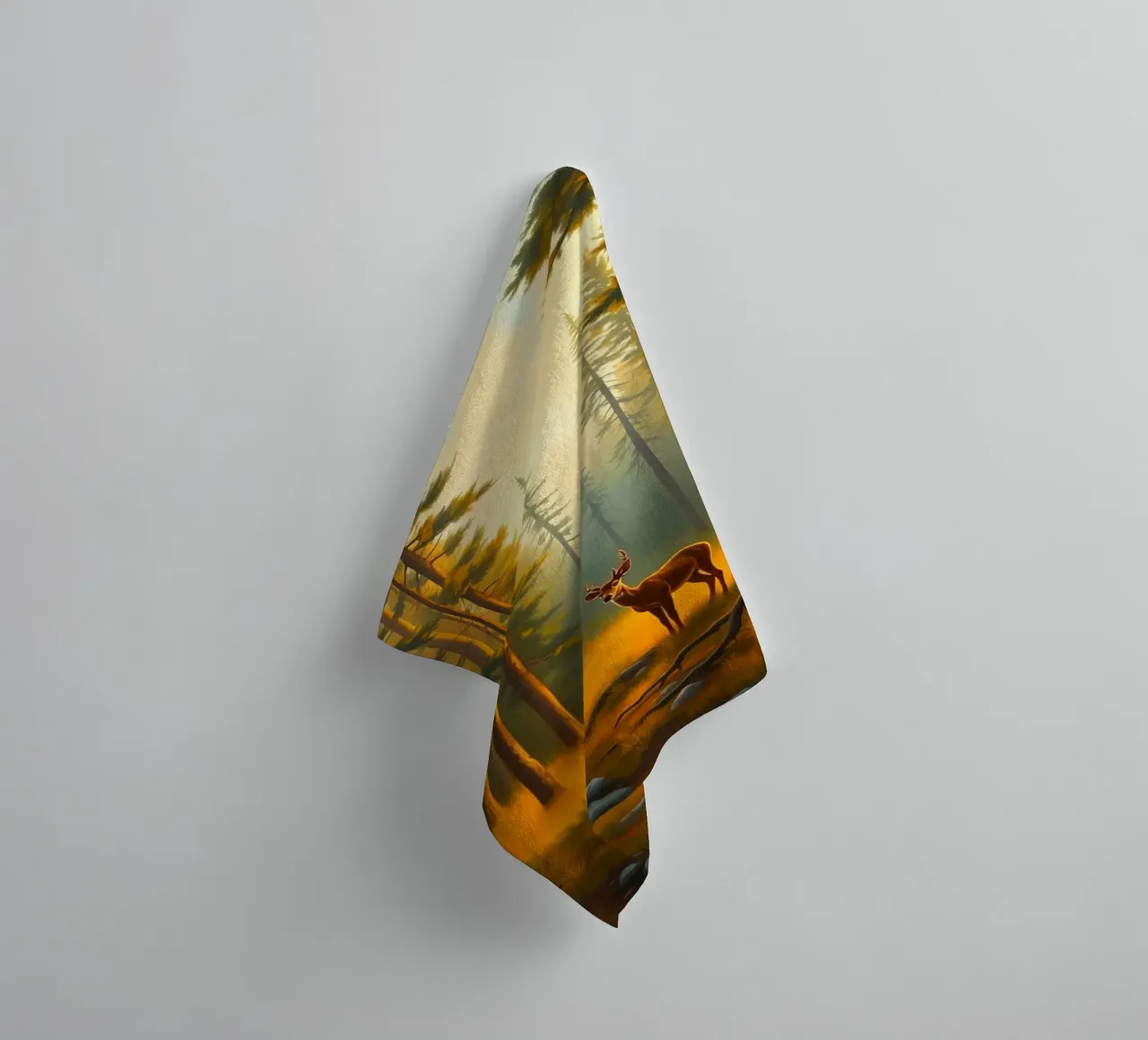 Deer stands in a golden forest clearing at sunset surrounded towel by DesignDoodle