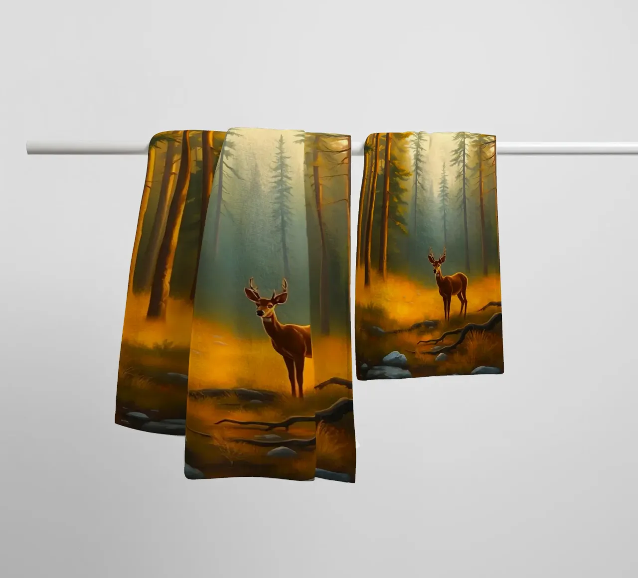 Deer stands in a golden forest clearing at sunset surrounded towel by DesignDoodle