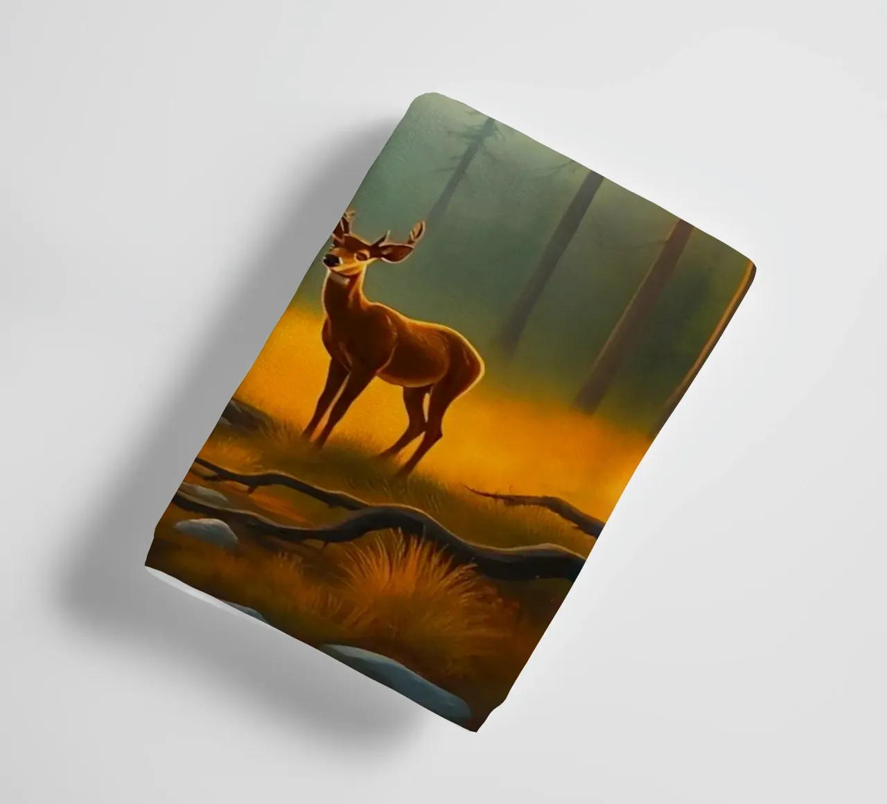 Deer stands in a golden forest clearing at sunset surrounded towel by DesignDoodle