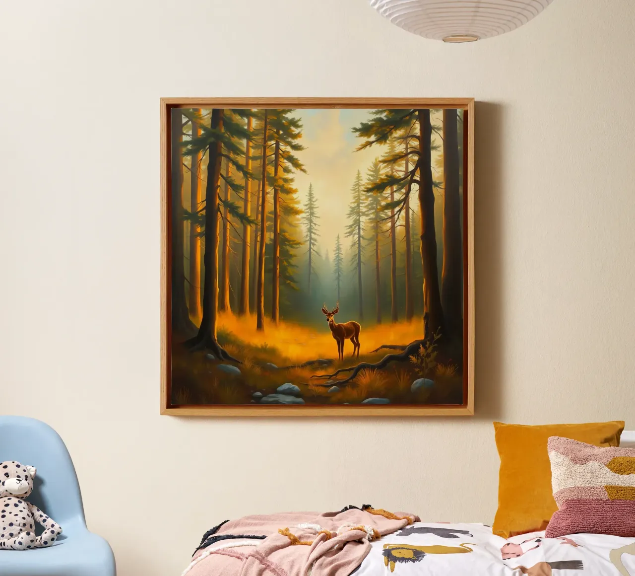 Hert staat op een gouden open plek in het bos bij zonsondergang, omringd canvas met Baklijst van DesignDoodle