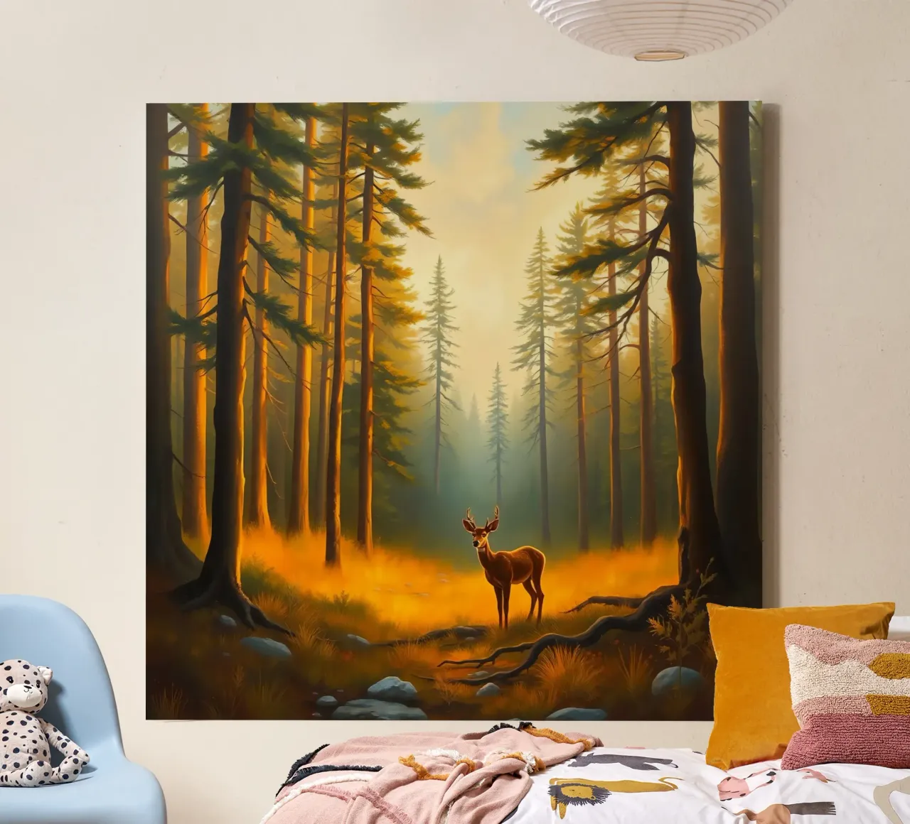 Hert staat op een gouden open plek in het bos bij zonsondergang, omringd canvas met Baklijst van DesignDoodle