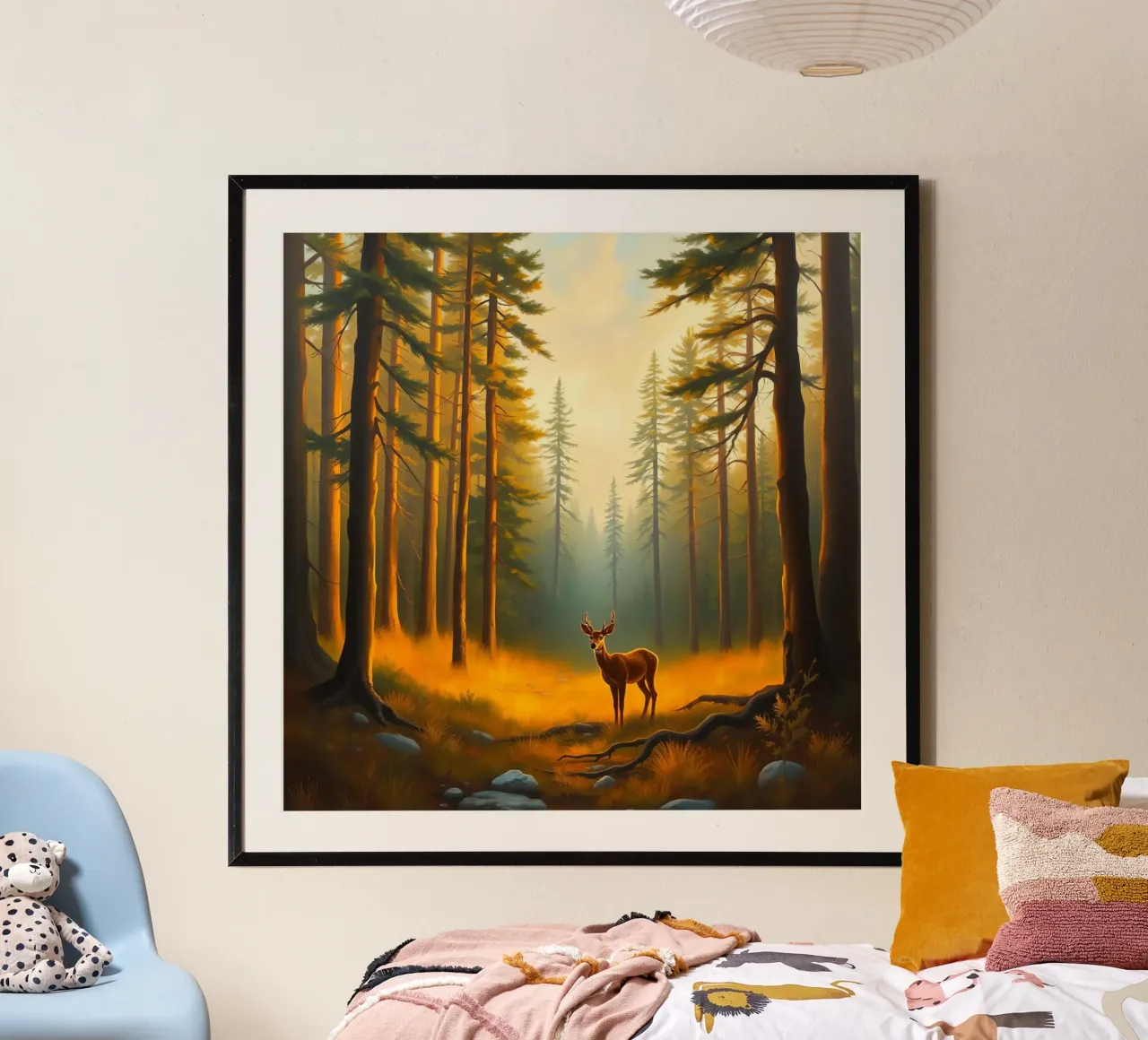 Cervo in piedi in una radura dorata del bosco al tramonto circondato poster con telaio in plastica da DesignDoodle
