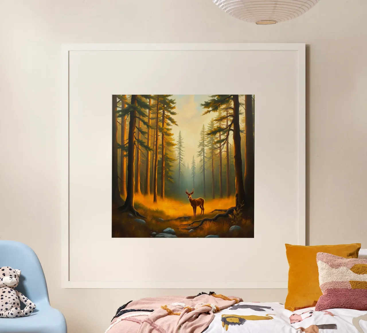 Cervo in piedi in una radura dorata del bosco al tramonto circondato poster con telaio in plastica da DesignDoodle