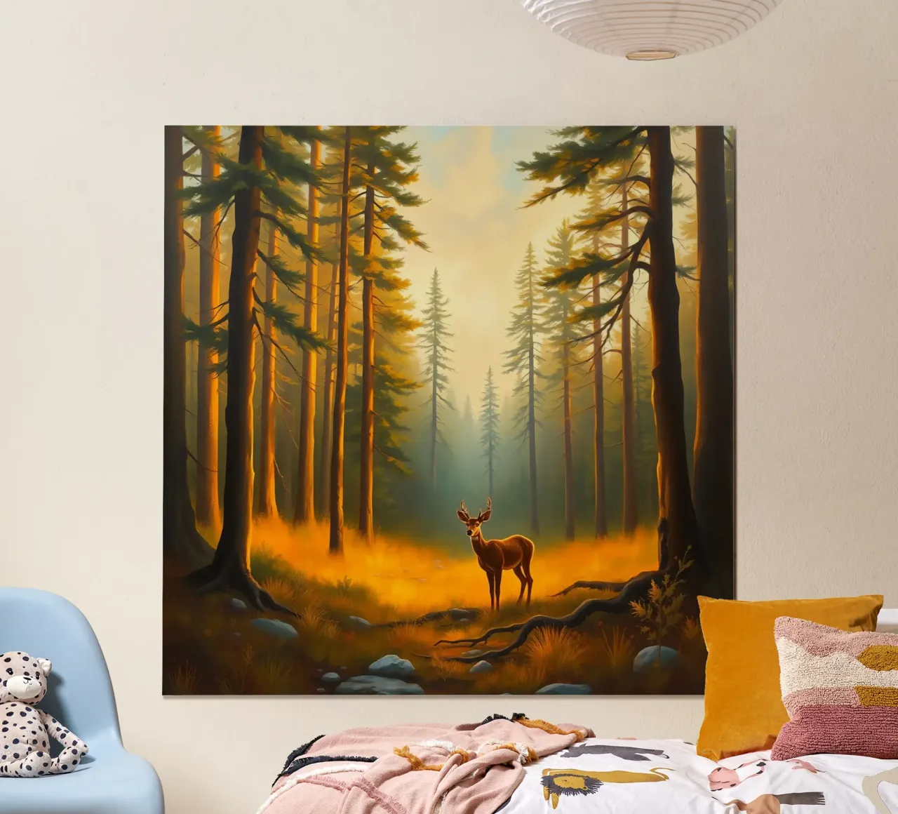 Cervo in piedi in una radura dorata del bosco al tramonto circondato poster con telaio in plastica da DesignDoodle