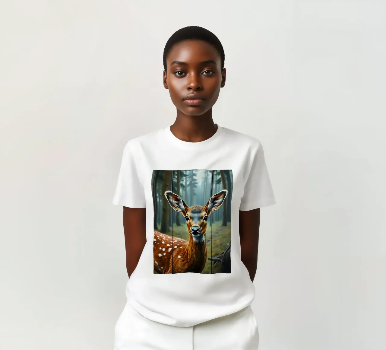 Primo piano di un giovane cervo in una foresta tranquilla t-shirt da DesignDoodle