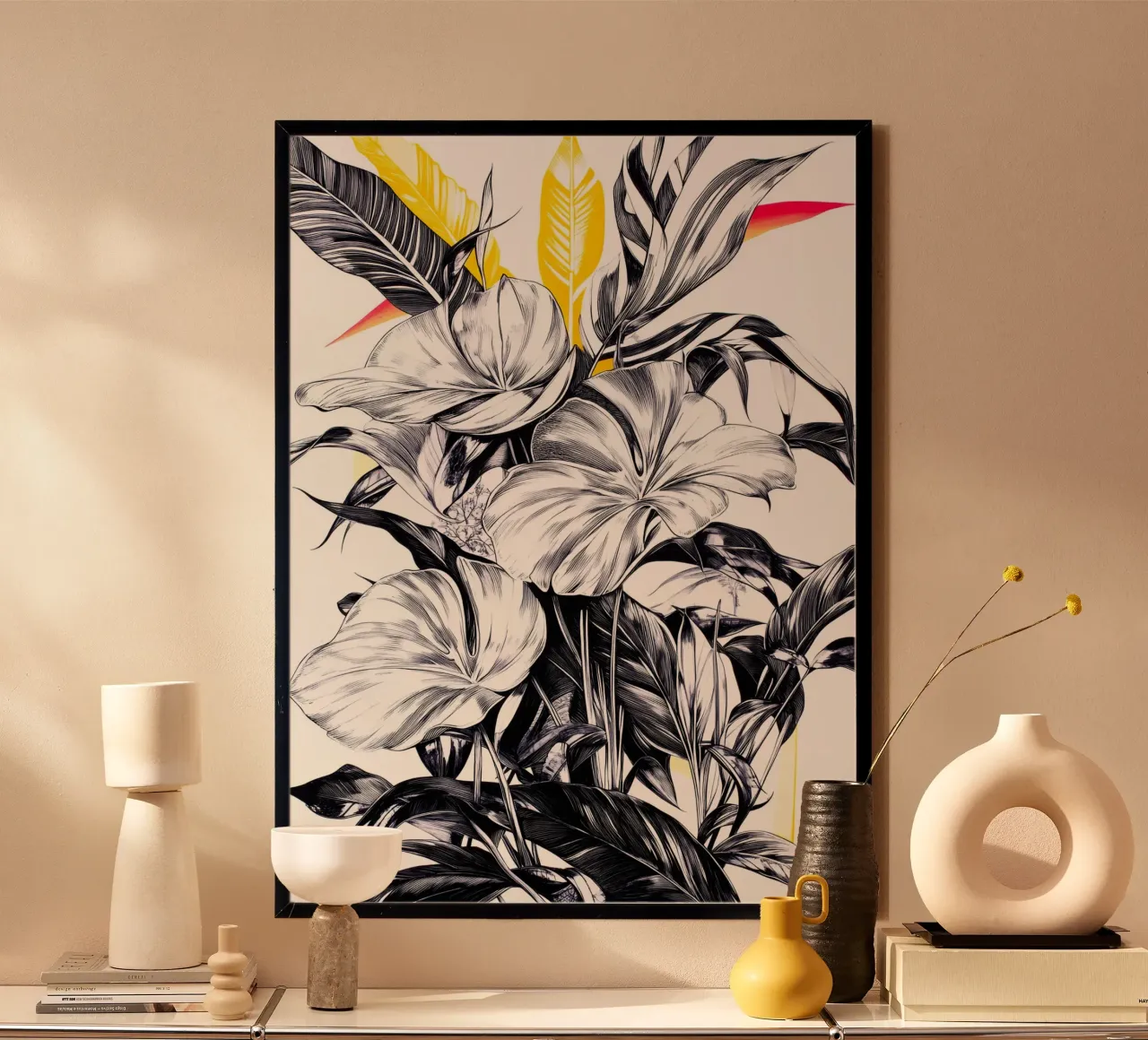Foglie di Monstera poster con telaio in legno da Justyna Jaszke JBJart