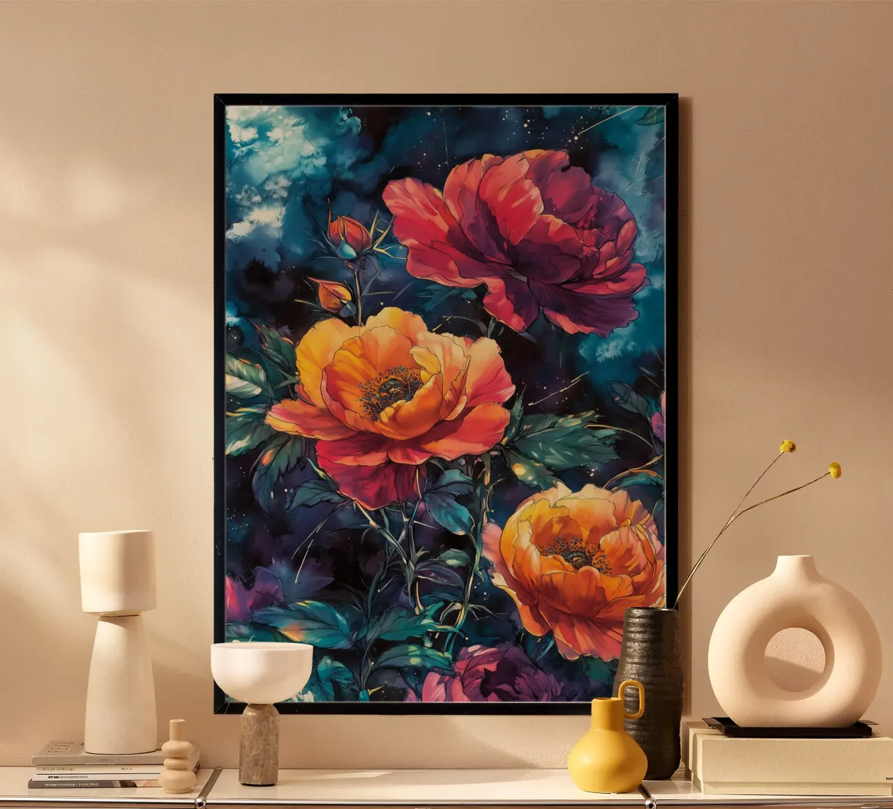 Pioenen poster met kunststof frame van Lionmixart