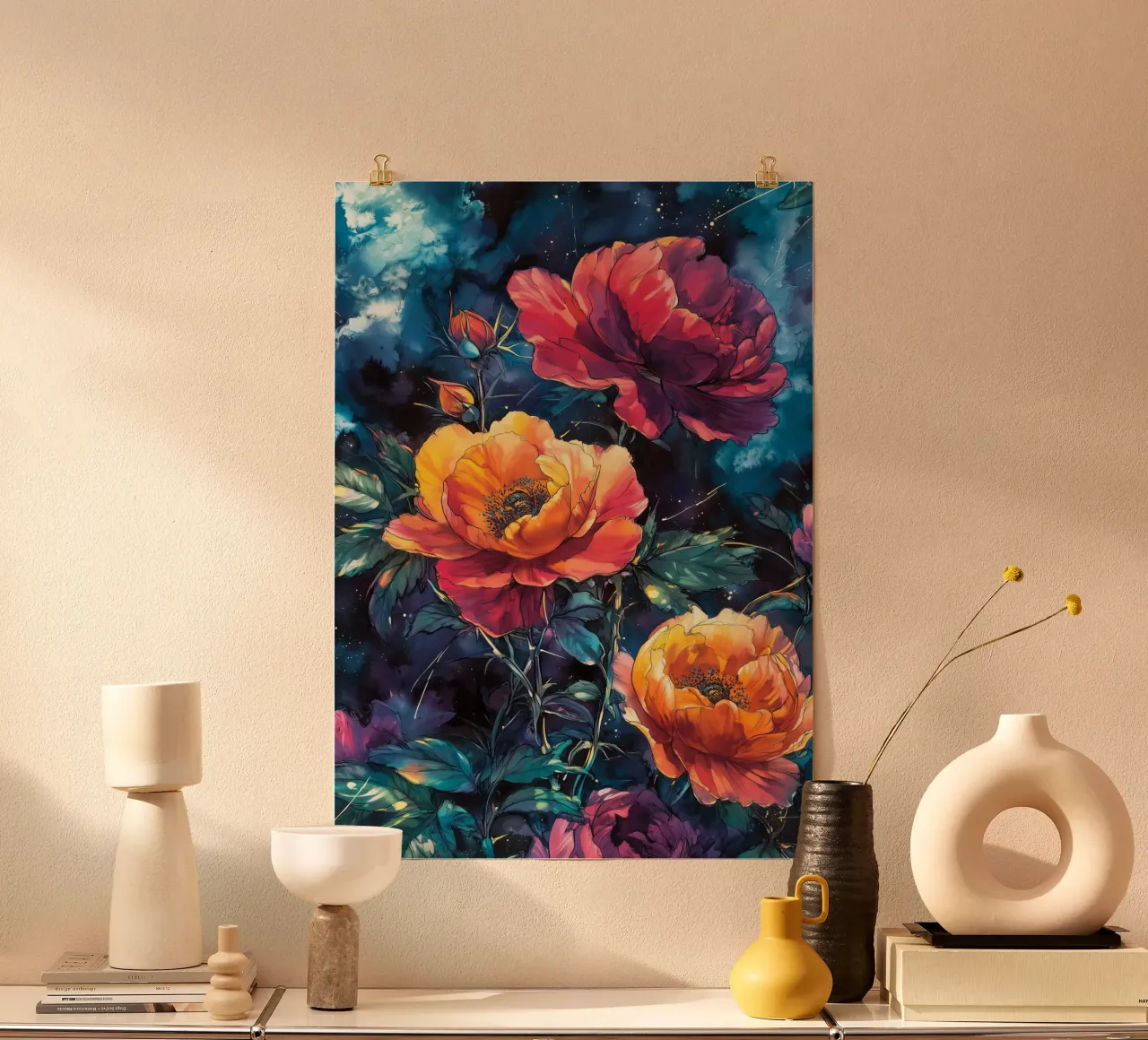 Pioenen poster met kunststof frame van Lionmixart