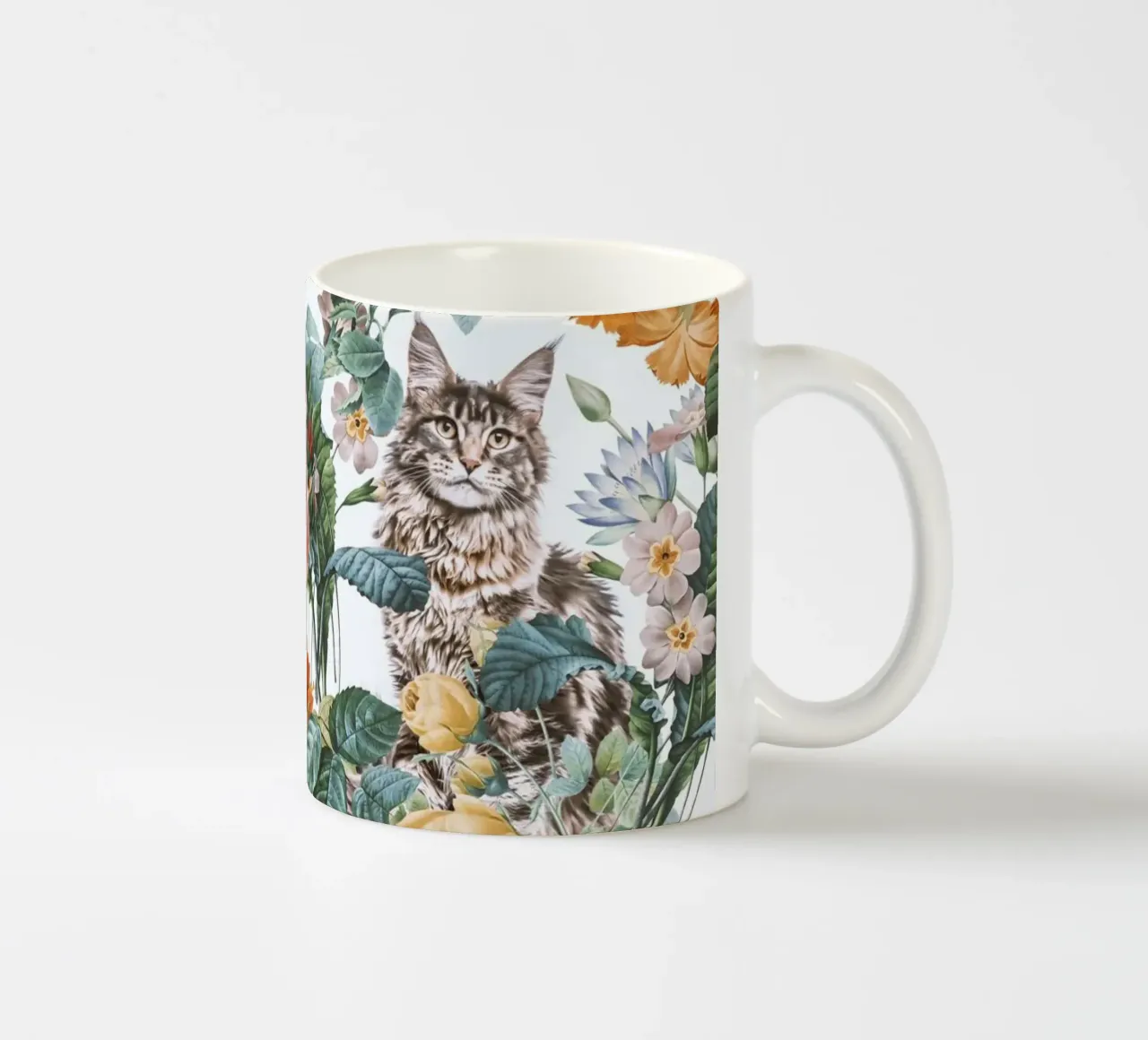 Cat and Floral Pattern tazza in ceramica da burcukorkmazyurek
