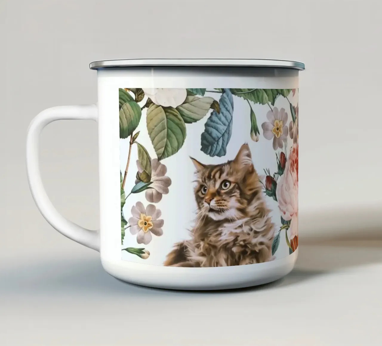 Cat and Floral Pattern tazza in smalto da burcukorkmazyurek