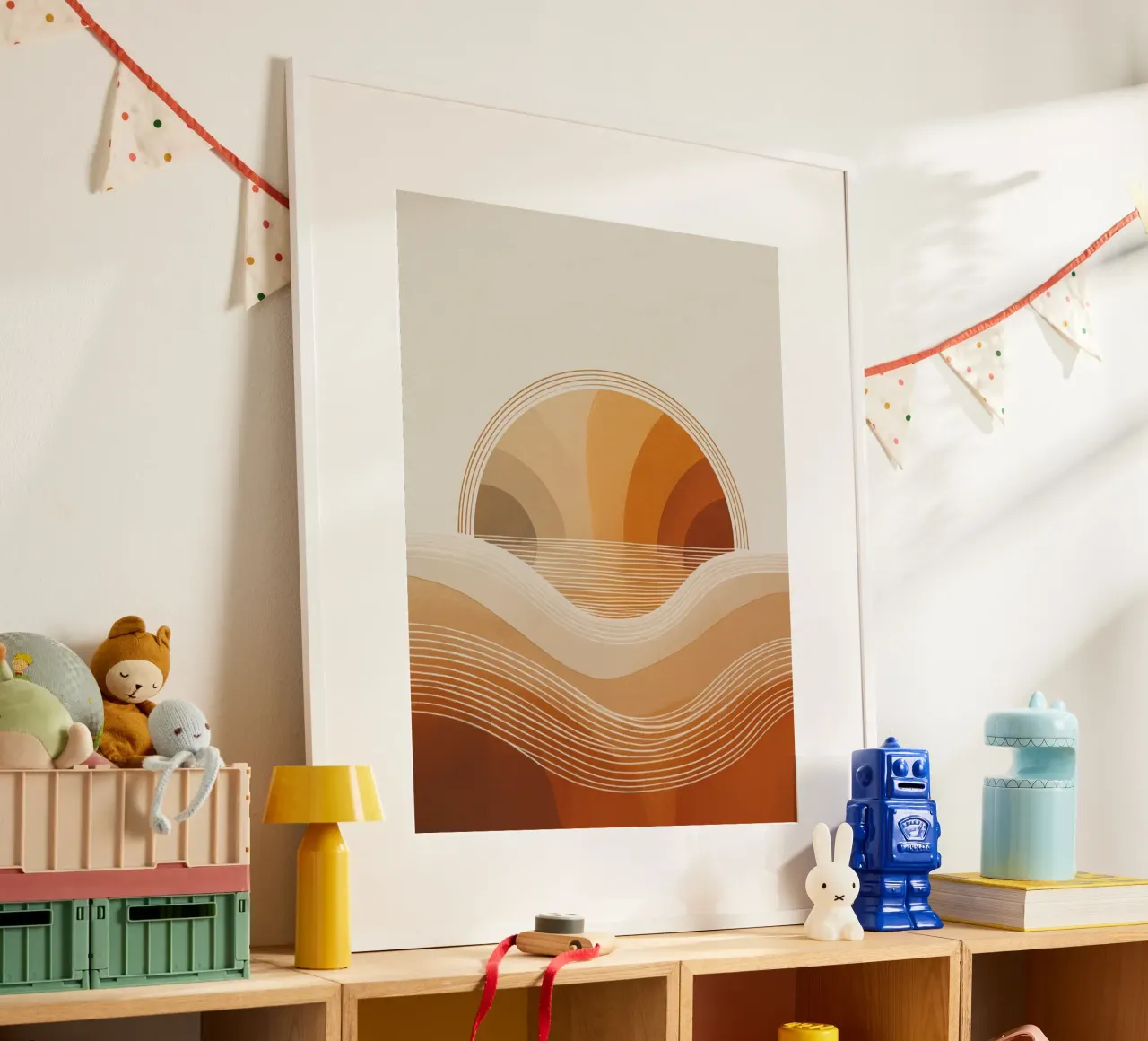 Olas abstractas al atardecer poster con marco de madera de logic