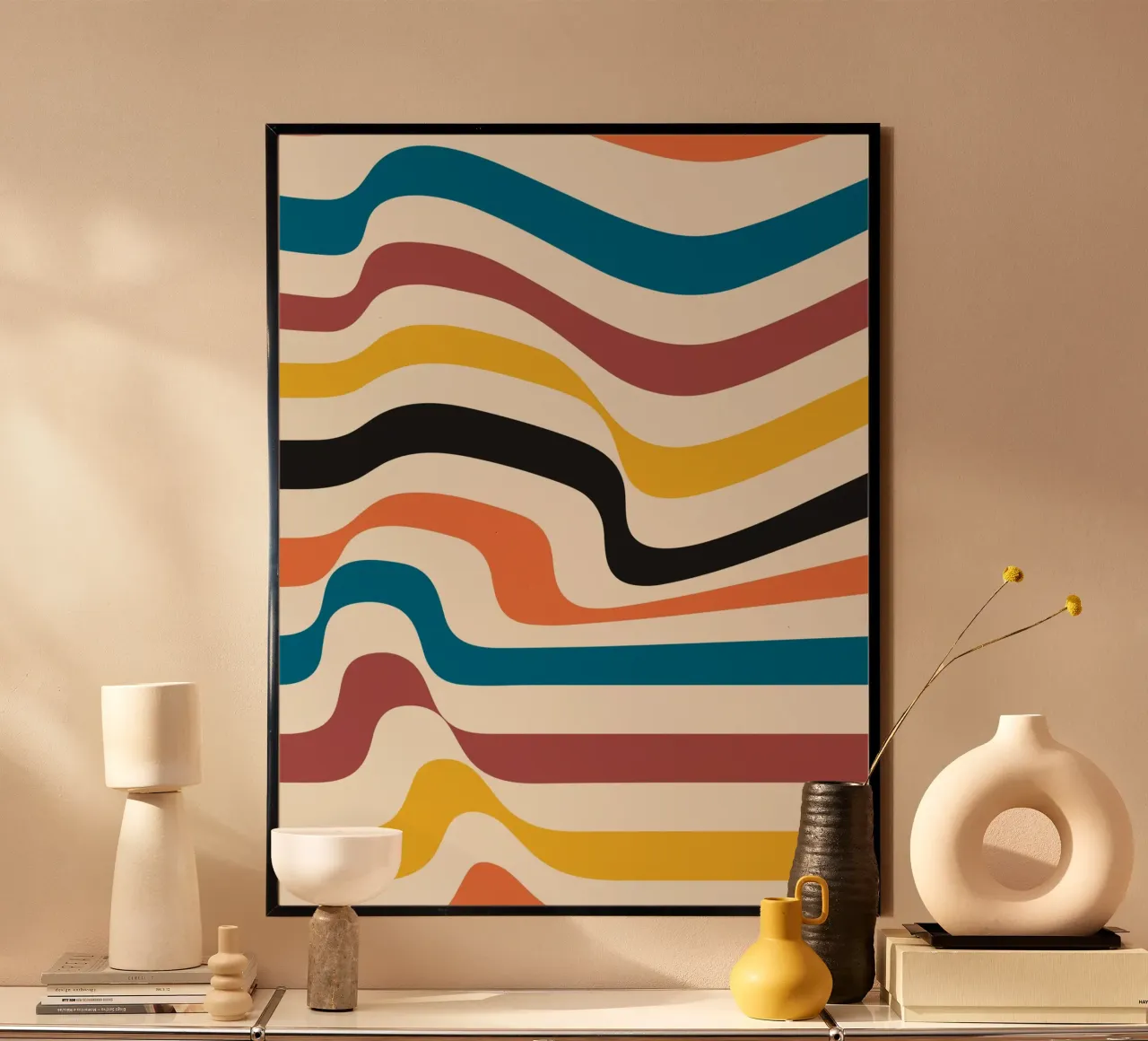Retro golven poster - Bauhaus geïnspireerd ontwerp modern poster met houten frame van Studio Vibe