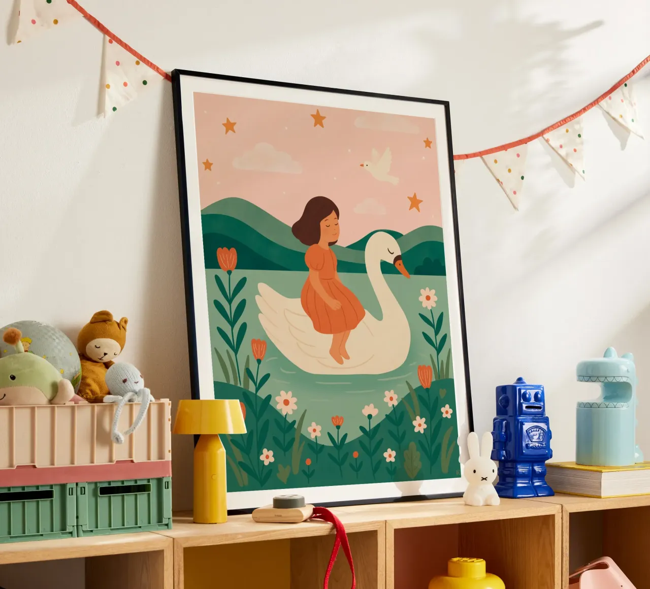 La bambina e il cigno poster con telaio in alluminio da kokoprint