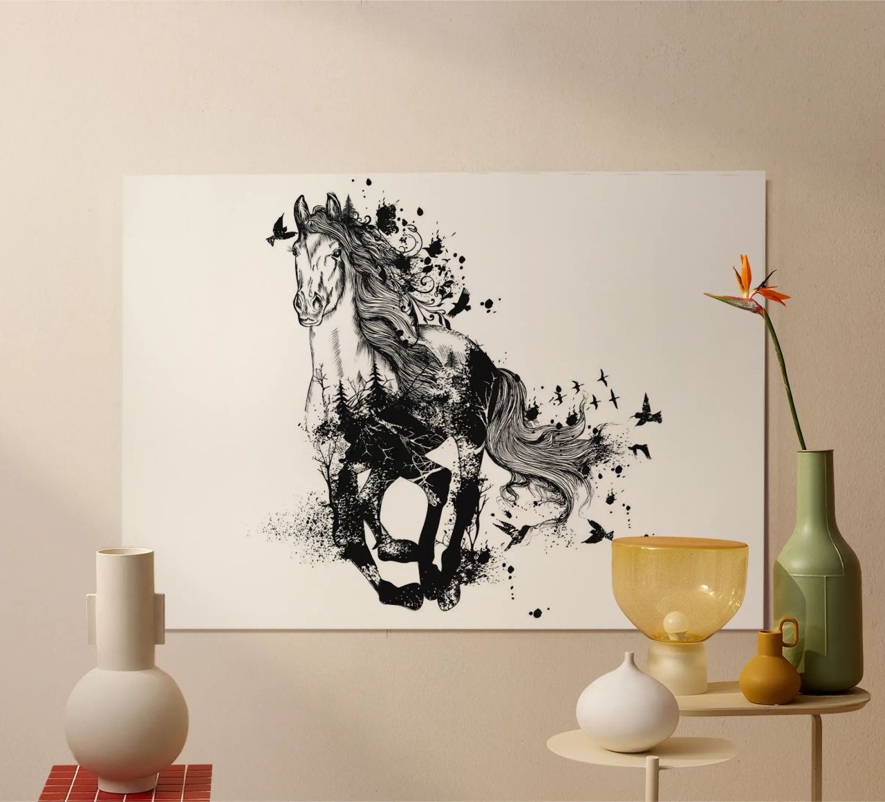 horse birds feathers ink splatter mane nature poster by Minimalist Shop
