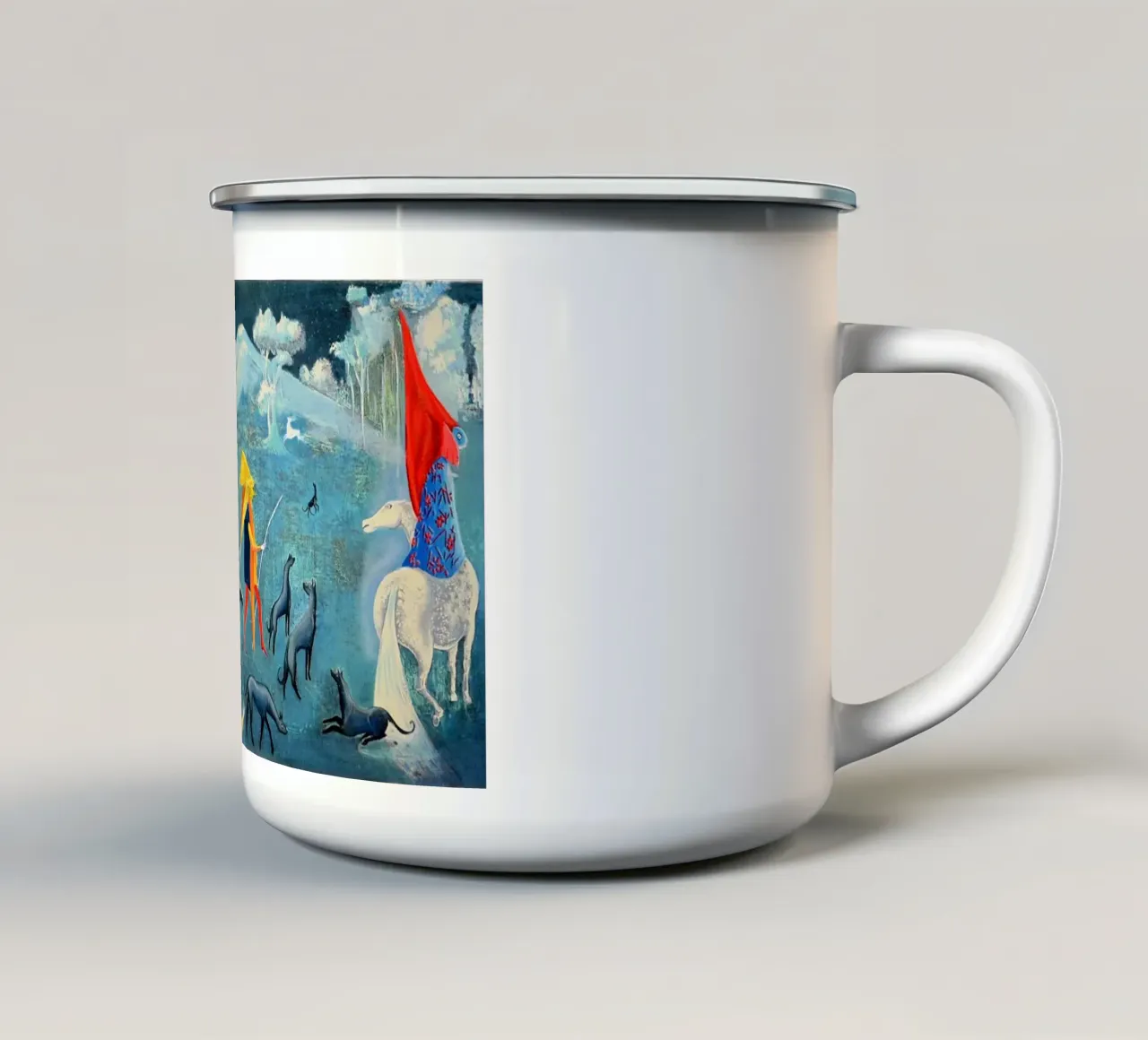 Leonora Carrington Figuras Fantásticas a Caballo tazza in smalto da Kunze Gallery
