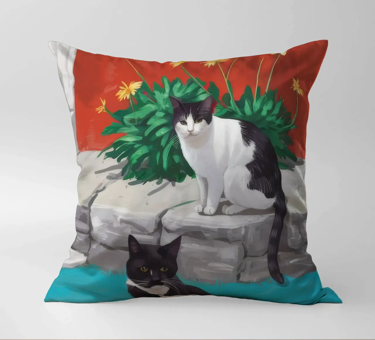 Tuxedo Bloom Perch decorative cushion by Lumi Eyes