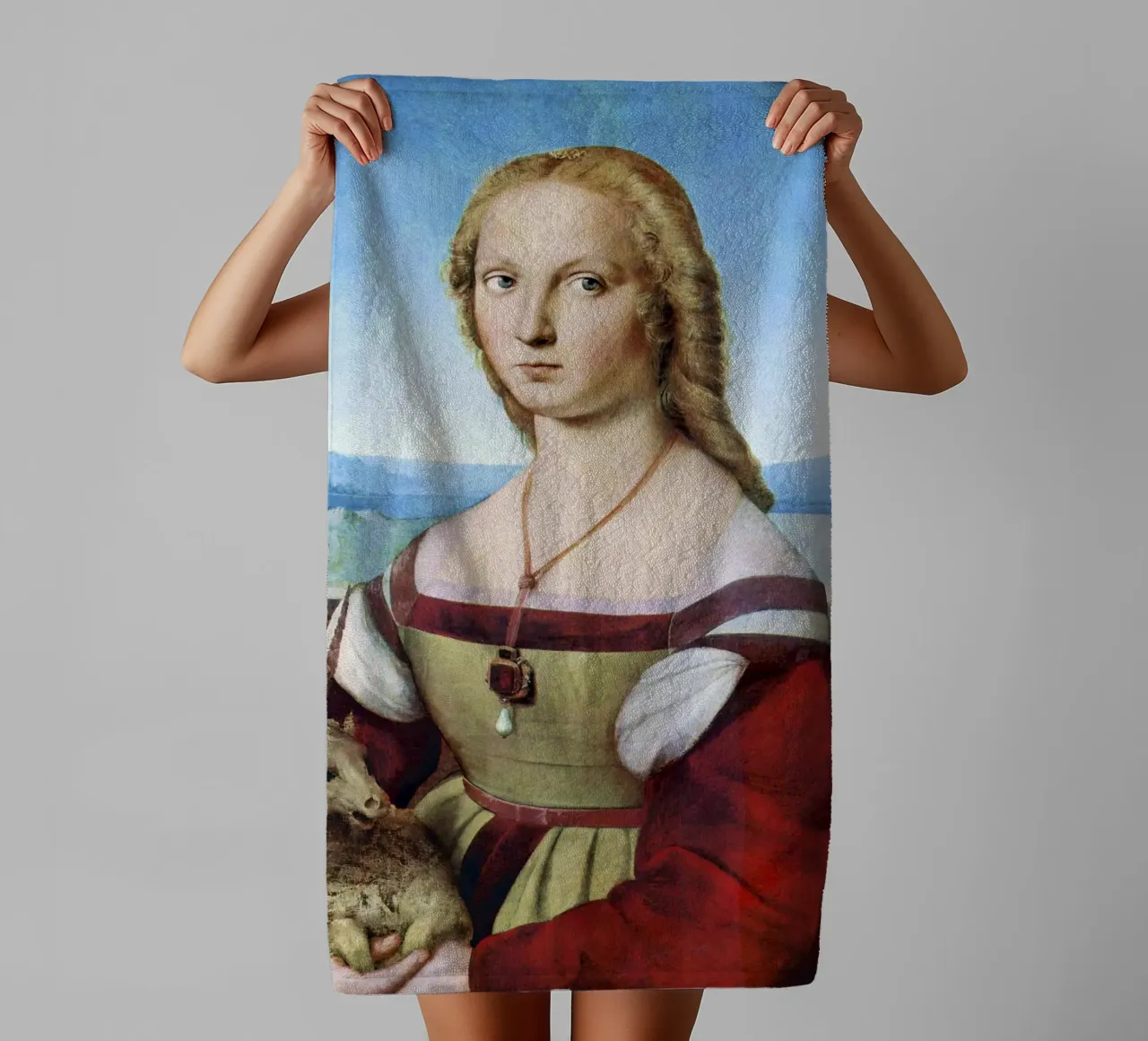 Giovane donna con unicorno (1506) di Raffaello asciugamano da bagno da Venus Art
