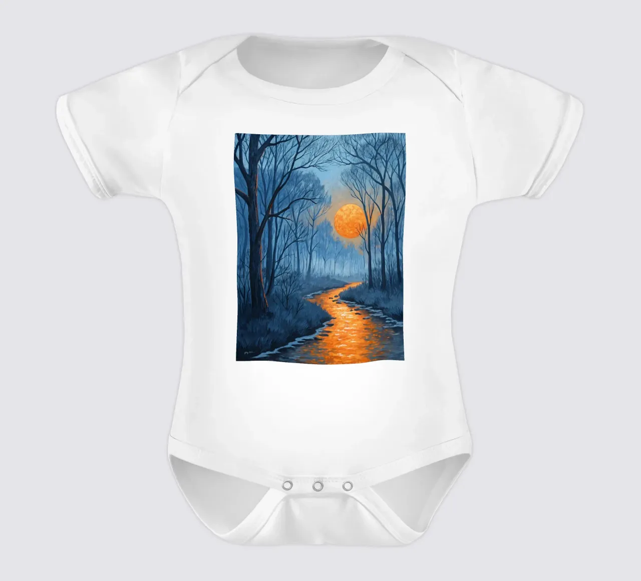 A Mystical Forest Path Under an Enchanting Orange Moon short-sleeve baby romper by Artistic-shop