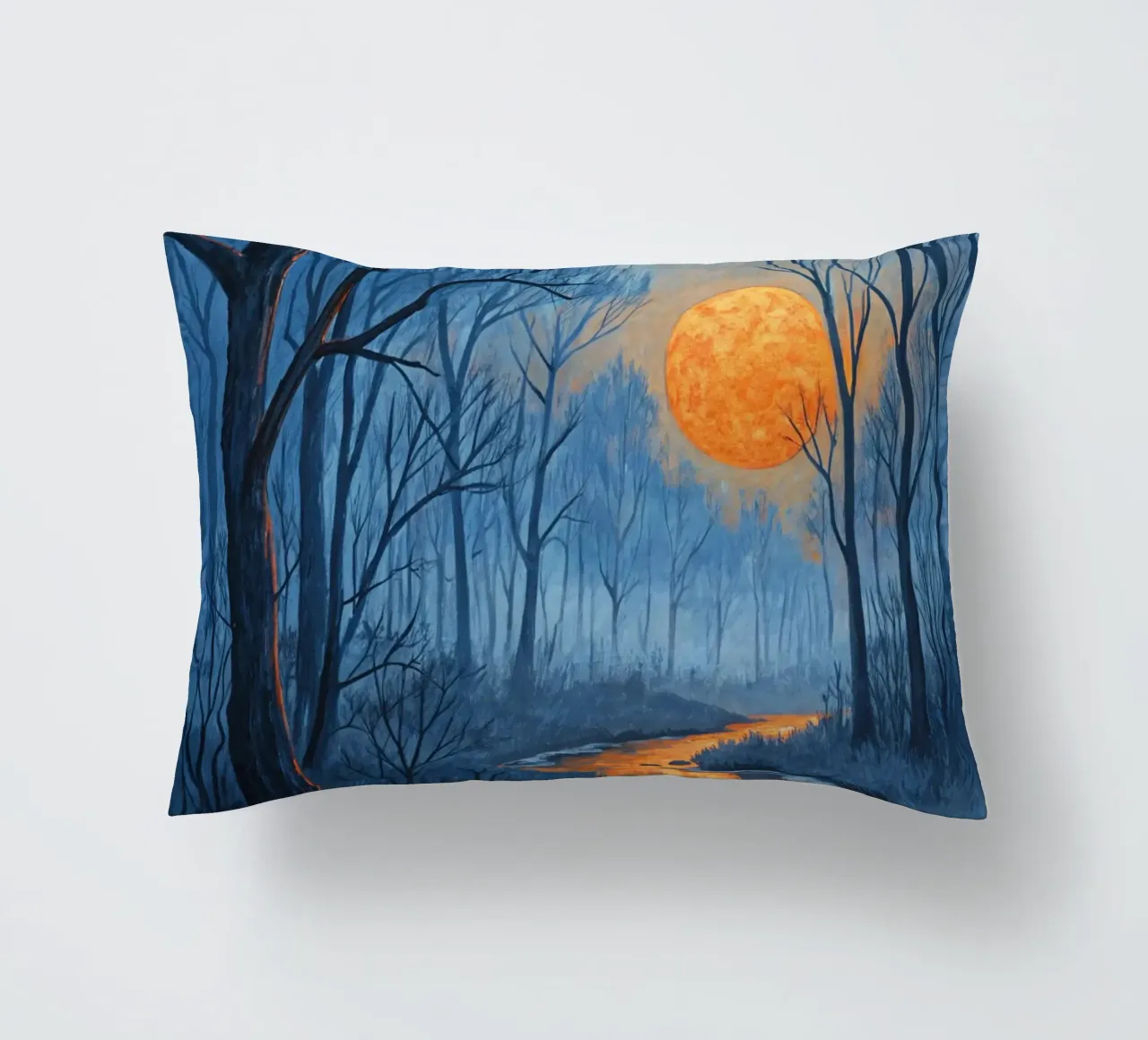 A Mystical Forest Path Under an Enchanting Orange Moon decorative cushion by Artistic-shop