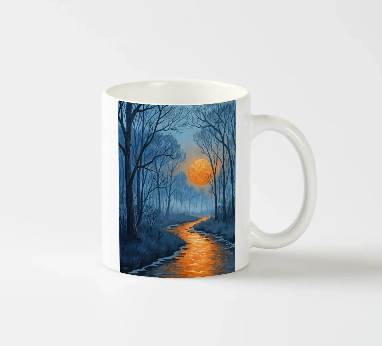 Un mistico sentiero nella foresta sotto un'incantevole luna arancione tazza in ceramica da Artistic-shop